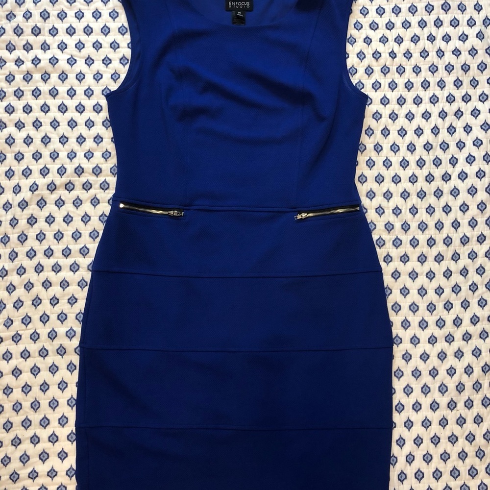 Enfocus Studio Blue Sheath Mini Dress 14 sleeveless fake zipper pockets pullover
